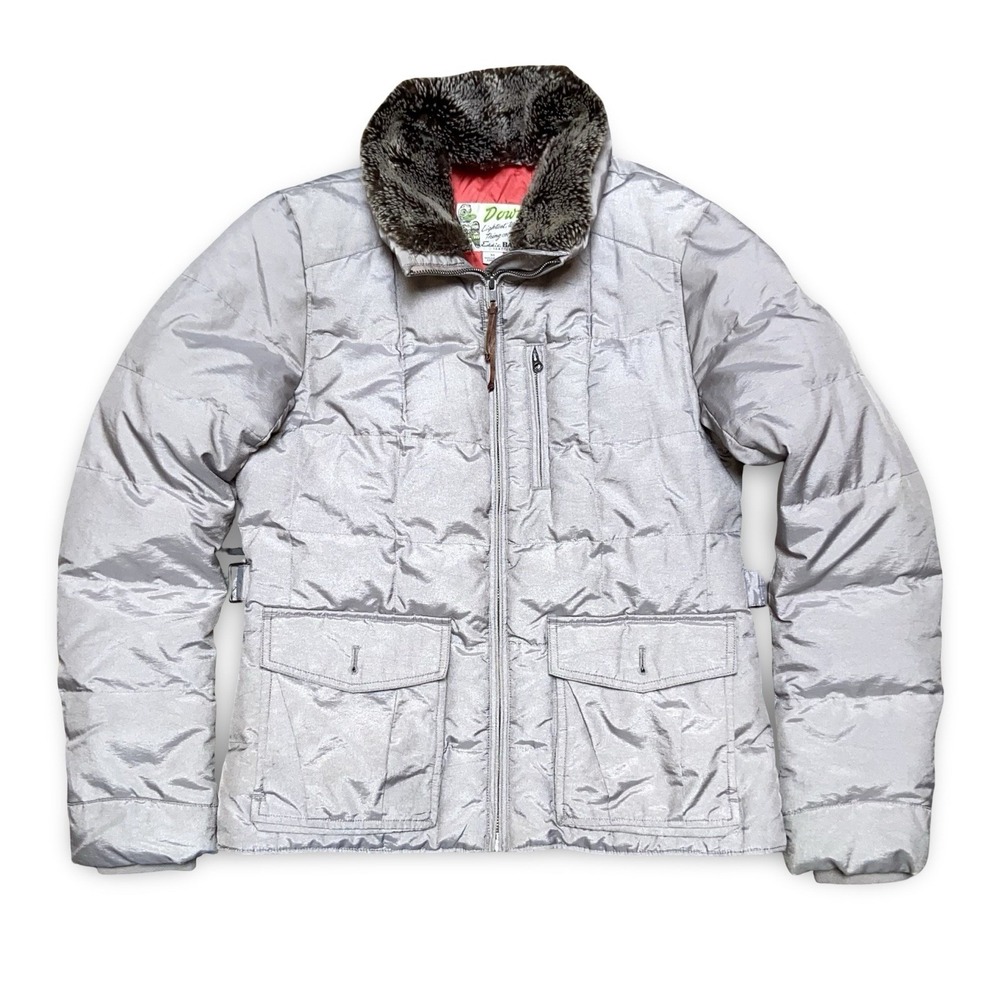 Vintage Eddie Bauer Down Jacket Yukon Womens Size M Faux Fur Collar Beige Puffer